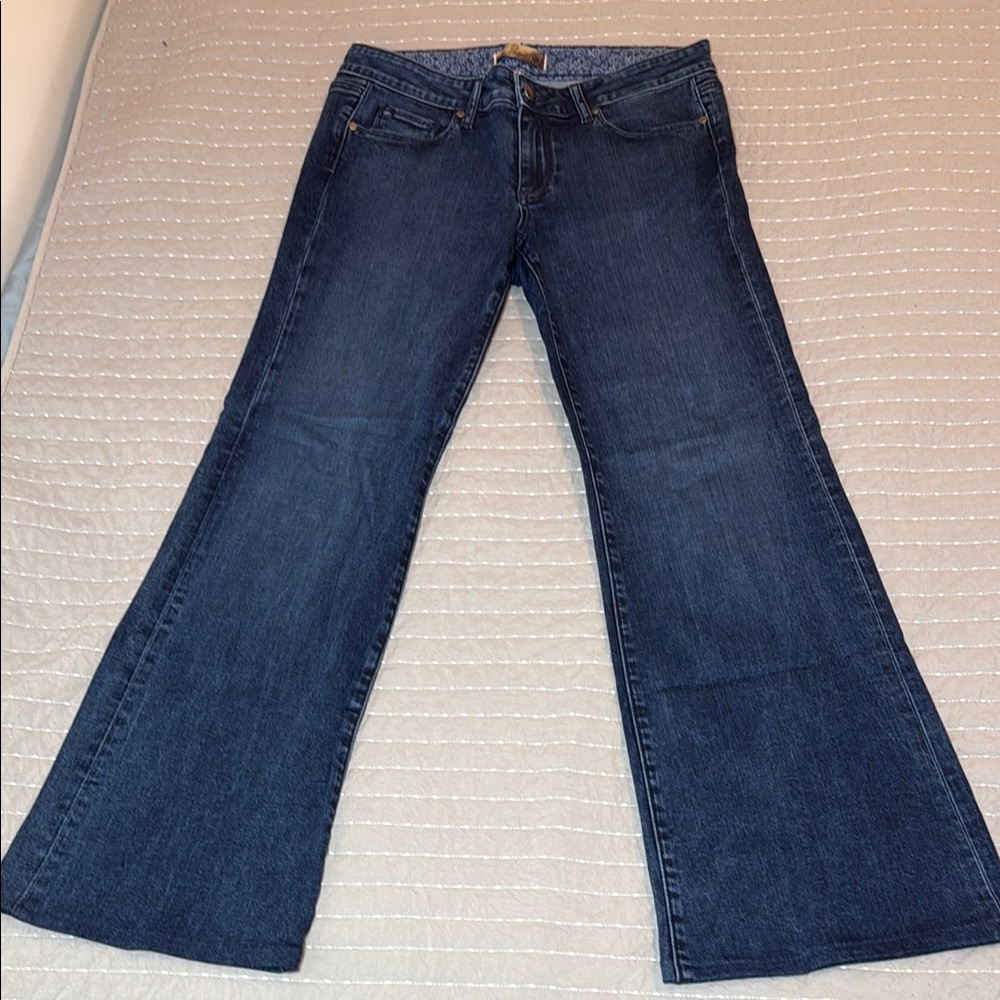 PAIGE Blue Flare Wide Leg Jeans with Subtle Fading